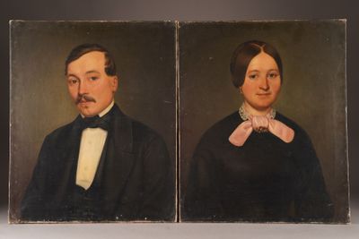 pair of portraits of a man and a woman in black clothing
