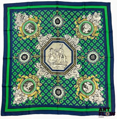 une écharpe bleue et verte sur laquelle figurent un homme et une femme