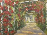 un tableau représentant un jardin parsemé de fleurs rouges