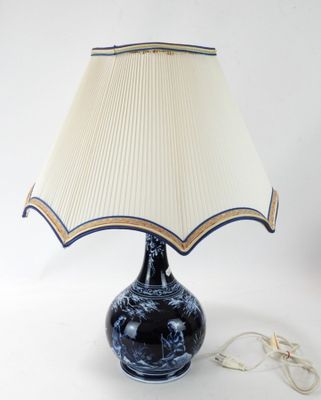 une lampe posée sur une table et munie d'un abat-jour