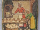 an image of a painting of a woman making bread in a kitchen