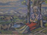 a painting of a woman sitting under a tree