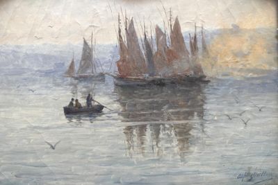 un tableau représentant un groupe de bateaux sur un plan d'eau