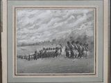 painting of a group of men riding horses in a field