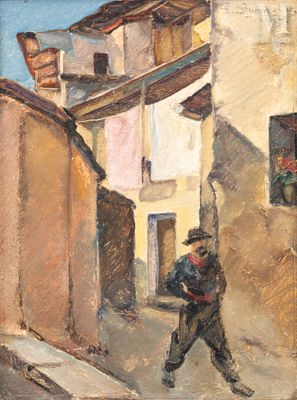 une peinture à l'huile représentant un homme marchant dans une rue devant un immeuble