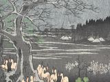 an image of a painting of a flock of birds in a field