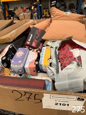a cardboard box full of items in a store