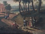 painting of a group of people on a path in a wooded area