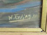 a painting of a boat on the water with a sky background