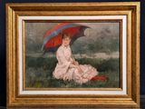 un tableau représentant une femme assise dans l'herbe avec un parapluie