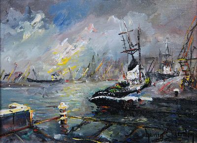 oil painting of a harbor scene with ships in the water