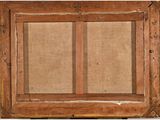 an old wooden window frame with burlock fabric and a window pane