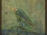 a painting of a bird sitting on top of a bike