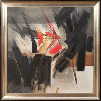 une image représentant un tableau sur lequel figure un vase contenant une fleur rouge