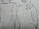 drawing of two people standing next to each other in front of a table