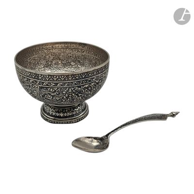 un bol en argent et une cuillère sur fond blanc