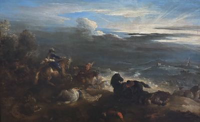 un tableau représentant un groupe de personnes à cheval sur la plage