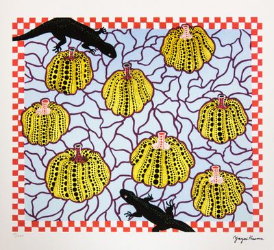 a picture of a painting of a lizard and some yellow flowers