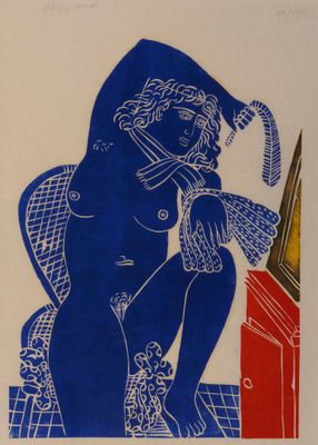 painting of a woman sitting on a chair with a knife in her hand