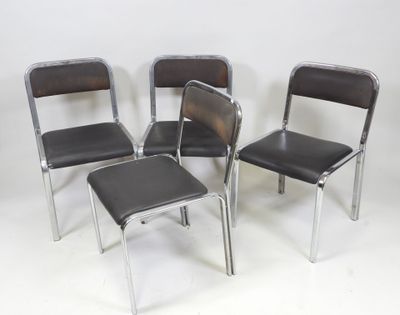 three chairs and a stool are sitting in a row on a white surface