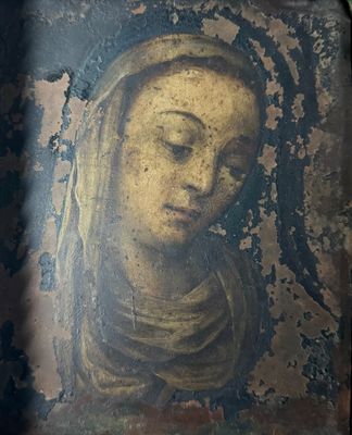 an old painting of a woman with a veil on it ' s head