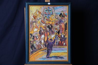 une photo d'un tableau représentant un homme sur scène