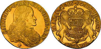 une pièce d'or sur laquelle figure l'effigie d'un homme coiffé d'une couronne