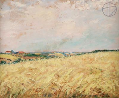 une peinture à l'huile représentant un champ de blé avec le ciel en arrière-plan