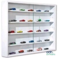 the display case holds a variety of toy cars in it