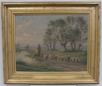 une image représentant un tableau où l'on voit un homme gardant un troupeau de moutons