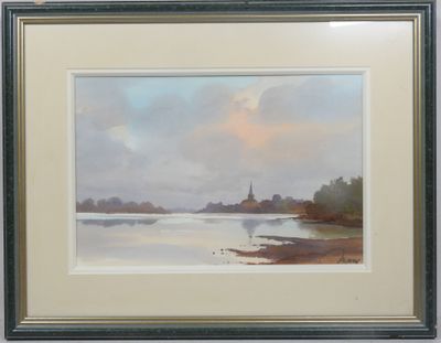 une image représentant un tableau d'un lac avec une église au loin