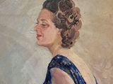 an oil painting of a woman in a blue dress sitting on a chair