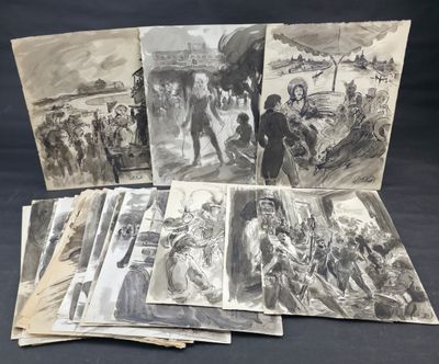 several old black and white pictures of people on a black background