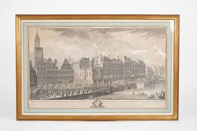 an old drawing of a view of a city with a clock tower in the background