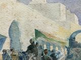 a painting of a group of people walking down the street