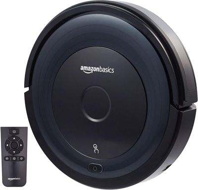 an image of a black robotic vacuum cleaner with a remote control