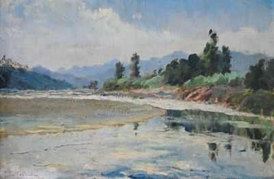 une peinture à l'huile représentant une scène de plage avec des montagnes en arrière-plan