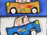 two paintings of people in a car on the wall