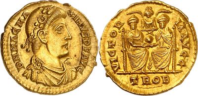 a gold coin with an image of a man and a woman on it
