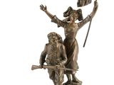 bronze statue of a woman holding a flag and a man holding a flag
