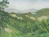 a painting of a mountain scene with trees and hills