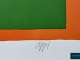 an image of a painting of a green and orange square on a white background