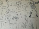 drawing of a group of people in various poses in a room