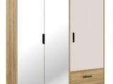 a white and wood wardrobe with mirror doors and drawers