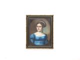 portrait of a woman in a blue dress with a tiable