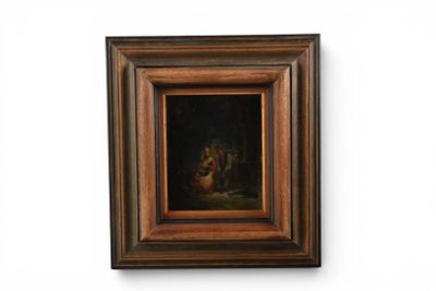 tableau à l'huile encadré représentant une femme avec un panier de fruits posé sur une table