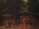 an old painting of a group of people in a wooded area
