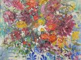 painting of colorful flowers in a blue and white vase on a table