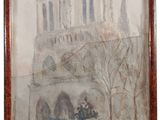 an image of a painting of a church with a horse drawn carriage