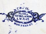 a close up of a blue and white plate with a design on it